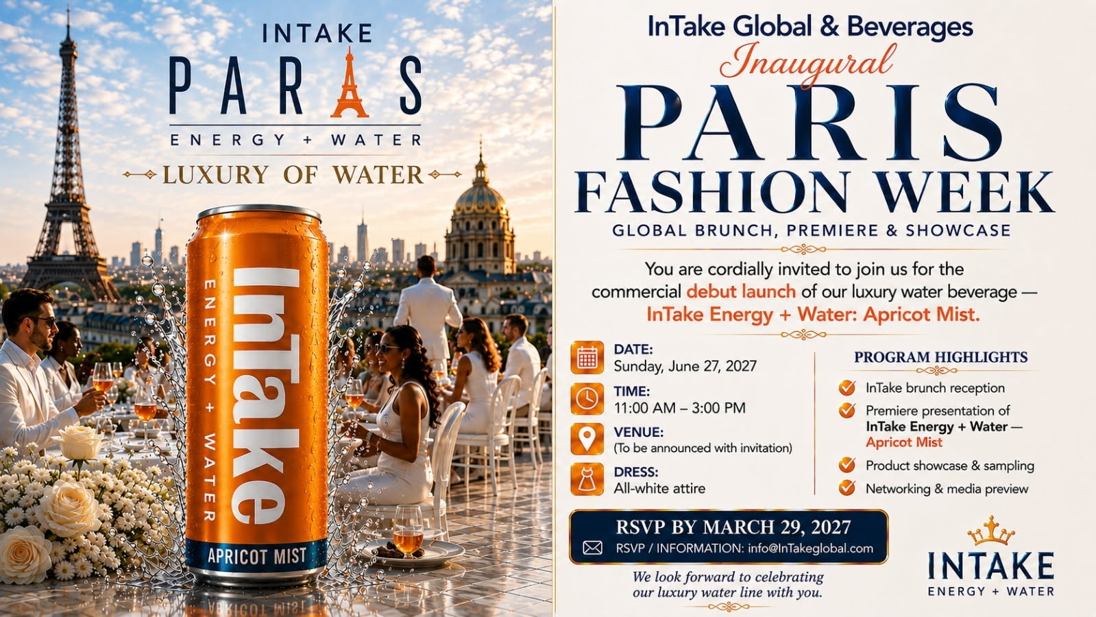 InTake Global & Beverages — Inaugural Paris Fashion Week Global Brunch, Premiere & Showcase — Sunday, June 27, 2027